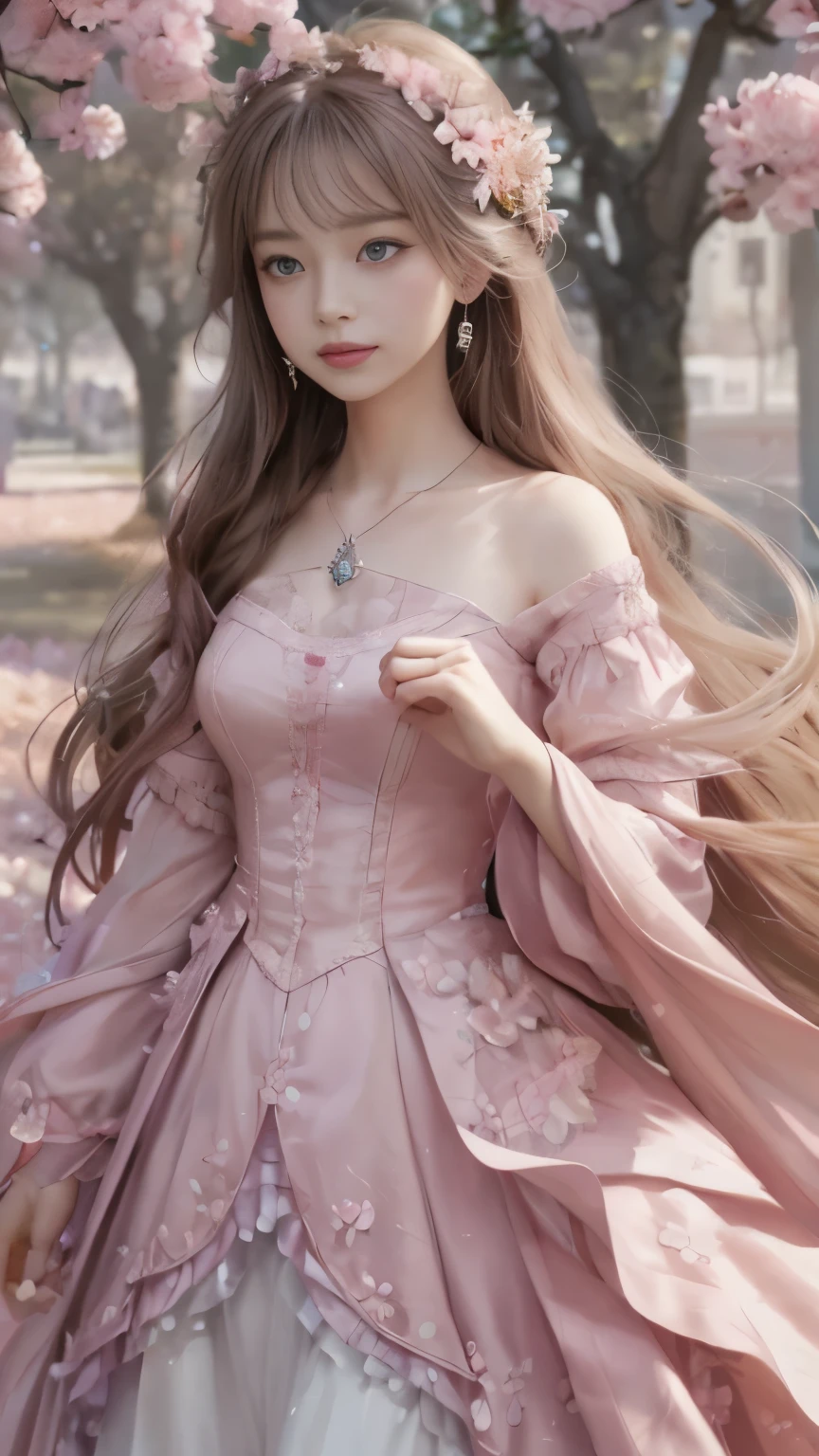 In the heart of a calm daytime scene, a magnificent work of art is revealed. one girl, dressed in a pink dress, standing among falling flowers, her figure personifies the ideal woman. Long-haired woman of chestnut color exudes an enchanting charm., with her serious behavior and coldness, grey-blue eyes. Her lips are pale pink, highlighting her delicate and exquisite face.
A standing bow adorns her, tassels sway gently in the wind, when she looks into the distance with a hint of happiness. The intricate details of her outfit are visible., from delicate stitching on pink