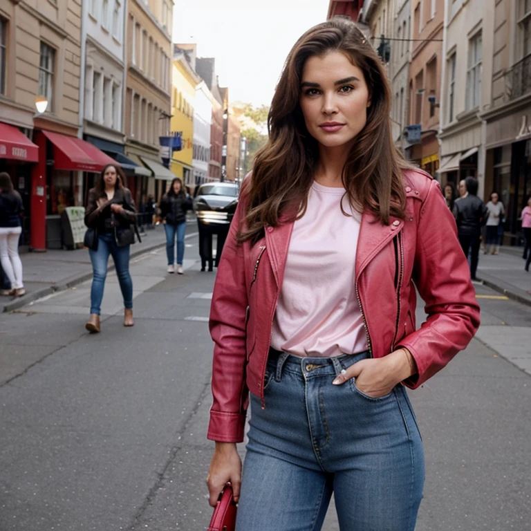 Brooke Shields dressed in pink leather jacket and red jeans