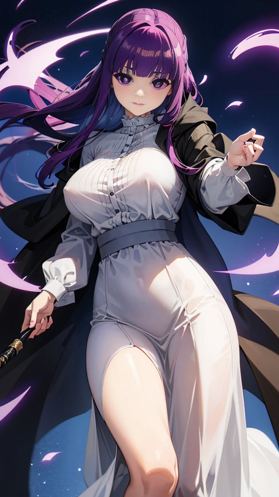 Super detailed, NSFW, masterpiece, High resolution, Highly detailed anime art, Cinematic lighting, (((1 girl, perfect anatomy))), accurate right hand, accurate left hand, five fingers, perfect style, Detailed face, Fern, purple eyes, glossy lips, cute face, purple hair, shiny skin, smile, Pure white long sleeve blouse, pure white long skirt, Long skirt, Very long skirt, Black cloak, Holding a magic wand, Naughty nipples, naughty pussy, Body line silhouette, Focus on the groin, Shooting up close, Dynamic Angle, Fantasy art,