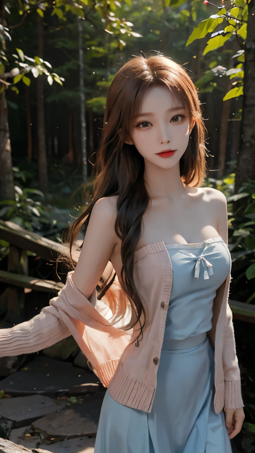 masterpiece,real photos,looking into camera,night time，HDR backlight，Contour light，Shallow depth of field，reddish brown long straight hair，Elegant Chinese beauty,Smile,dancing in the forest, Wearing a strapless cardigan dress，The breeze blew her face，The skirt is flying and rhythmic