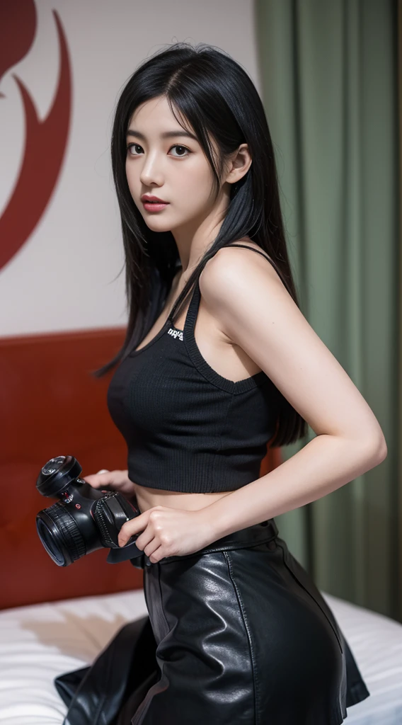 anime cosplay girl with camera and leather skirt posing for picture, Tifa, Tifa lockhart, Tifa lockheart, seductive Tifa lockhart portrait, Tifa lockhart portrait, glamorous Tifa lockheart, anime girl cosplay, portrait of Tifa lockhart, Inspiration from Leng Mei, Tifa lockhart with white hair, anime cosplay, cosplay, full-cosplay, Masterpiece, best quality, very detailed, high resolution,