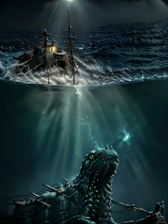 leviathan a sea monster, submarino, under the ocean, depths, (Obra maestra), mejor calidad, high resolution, 4k, 8k, detalle intrincado, cinematic lighting, amazing quality, amazing shading, Soft lighting, Somber colors, aura oscura, horror