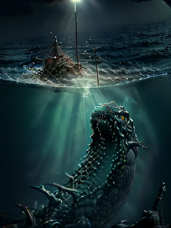 leviathan a sea monster, submarino, under the ocean, depths, (Obra maestra), mejor calidad, high resolution, 4k, 8k, detalle intrincado, cinematic lighting, amazing quality, amazing shading, Soft lighting, Somber colors, aura oscura, horror