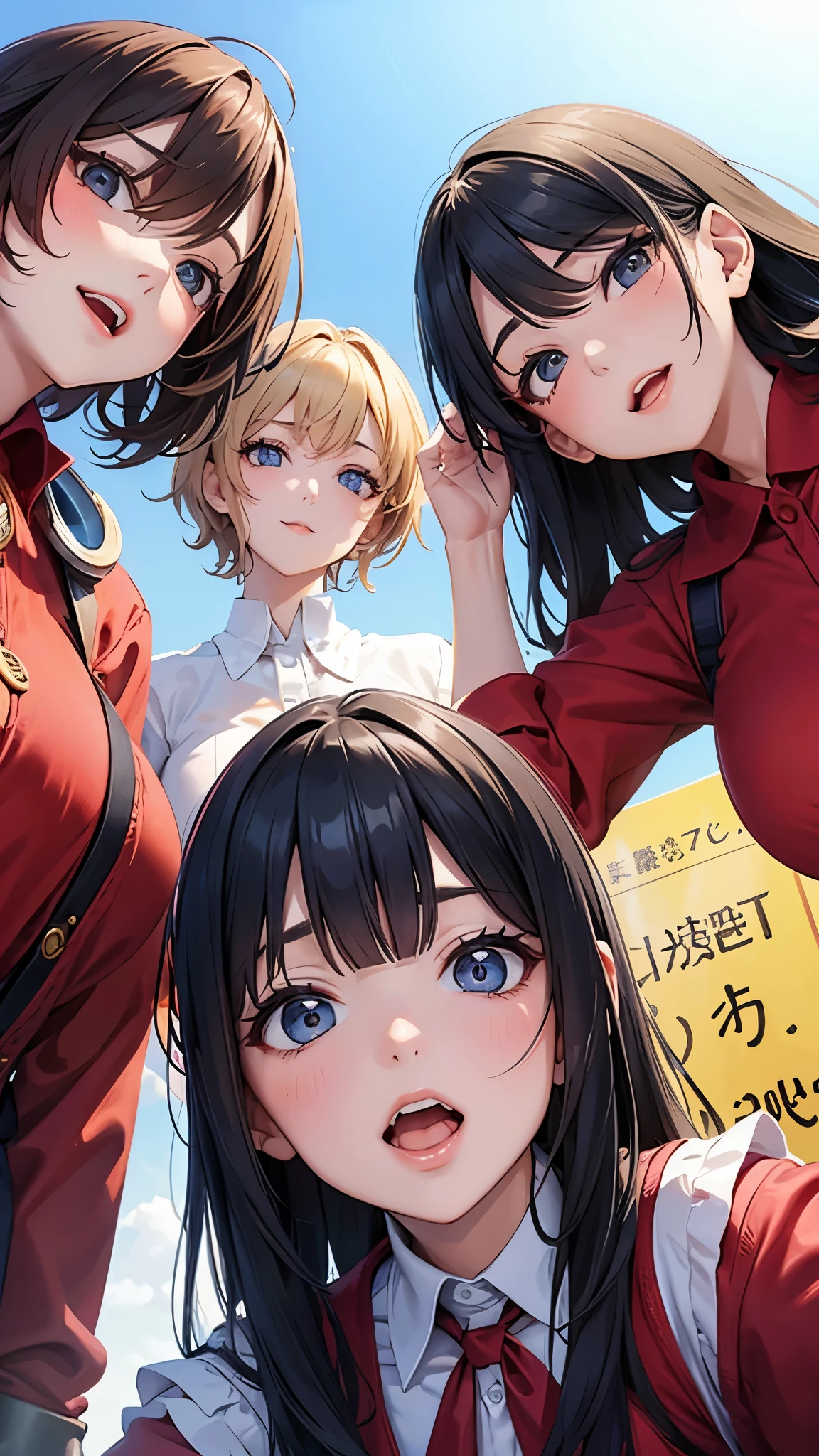 three sexy women looking at camera, opened mouths yawning, kindergarten teachers outfits, portrait, view from below