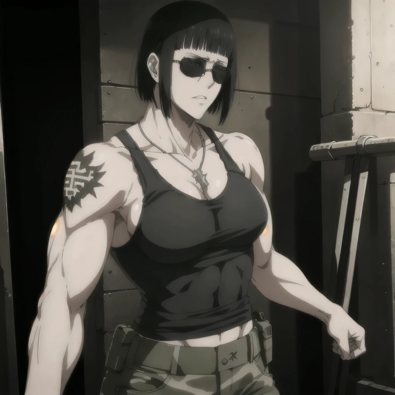 (best quality,ultra-detailed,realistic:1.37),musclaur badass girl wearing tank top and Camouflage combat trousers, full review of the female character's face and body, intense expression, strong and confident posture, studio lighting, vivid colors, physiologically-based rendering, grungy texture, rugged background, dust particles in the air, commanding presence, professional, powerful, gritty aesthetics,,Valmet،short hair,necklace,sunglasses,have a tattoos on shoulders