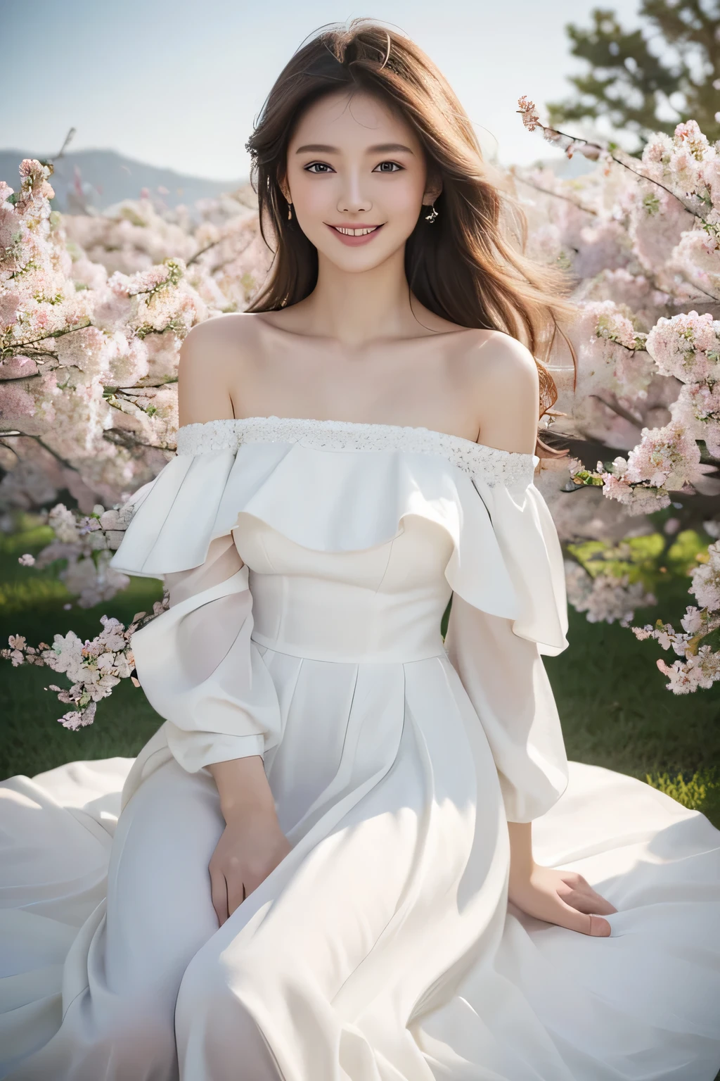 Best quality, masterpiece, ultra high res, (photorealistic:1.4), raw photo, 1girl, white dress, off shoulder, blossom flower field, glowing skin, light smile