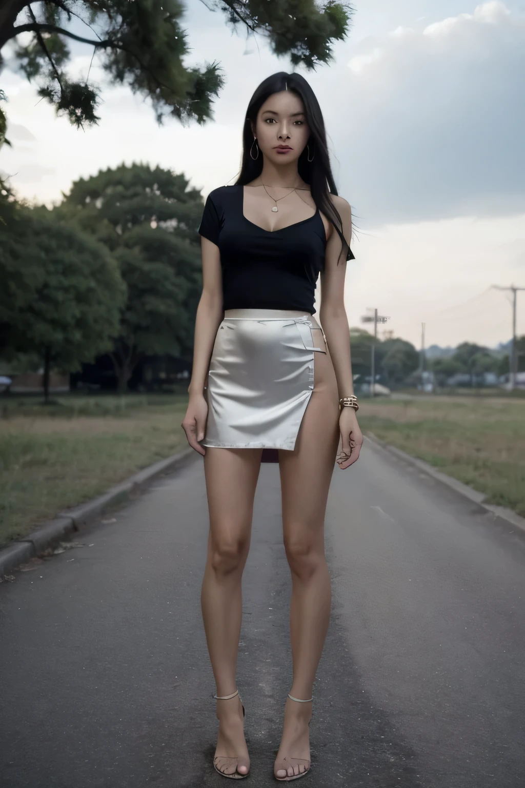 Thai Woman,perfect face,earings, neckle, bracelet, look at viewer, long hair, slim body, slender body, very big breast, ultra big breast,wear a thin satin vneck t shirt, no bra, ultra micro satin skirt, cloud, day, sky,outdoors, post-apocalypse, ruins, scenery, tree, water, full body.