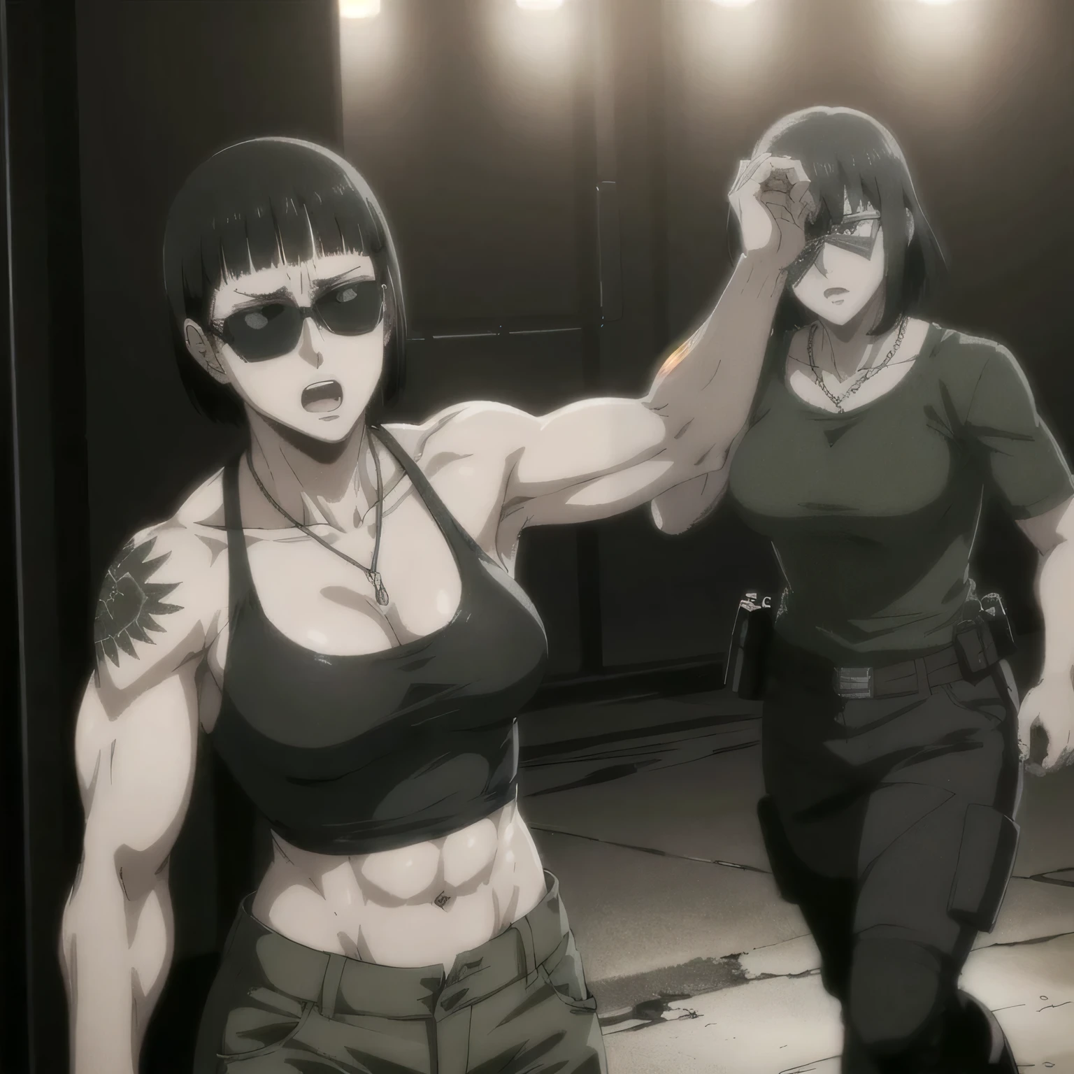(best quality,ultra-detailed,realistic:1.37),musclaur badass girl wearing t shirt and Camouflage combat trousers, full review of the female character's face and body, intense expression, strong and confident posture, studio lighting, vivid colors, physiologically-based rendering, grungy texture, rugged background, dust particles in the air, commanding presence, professional, powerful, gritty aesthetics,,Valmet،short hair,necklace,sunglasses,have a tattoos on shoulders