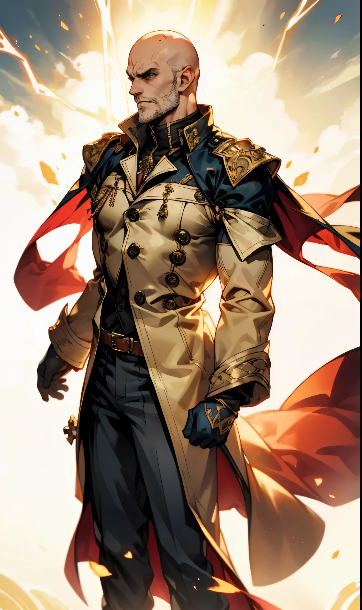 A bald man, red tattoos on his head and face, wise gaze, charismatic features, sturdy yet slender figure, a fantasy-style tight-fitting long coat, adorned with luxurious golden decorations on the collar and shoulders and waist, matching loose trousers, his palms emit a radiant glow, encircled by light and electricity, the ground to crack beneath him, this character embodies a finely crafted fantasy martial arts-style overlord in anime style, exquisite and mature manga art style, high definition, best quality, highres, ultra-detailed, ultra-fine painting, extremely delicate, professional, perfect body proportions, golden ratio, anatomically correct, symmetrical face, extremely detailed eyes and face, high quality eyes, creativity, RAW photo, UHD, 32k, Natural light, cinematic lighting, masterpiece-anatomy-perfect, masterpiece:1.5