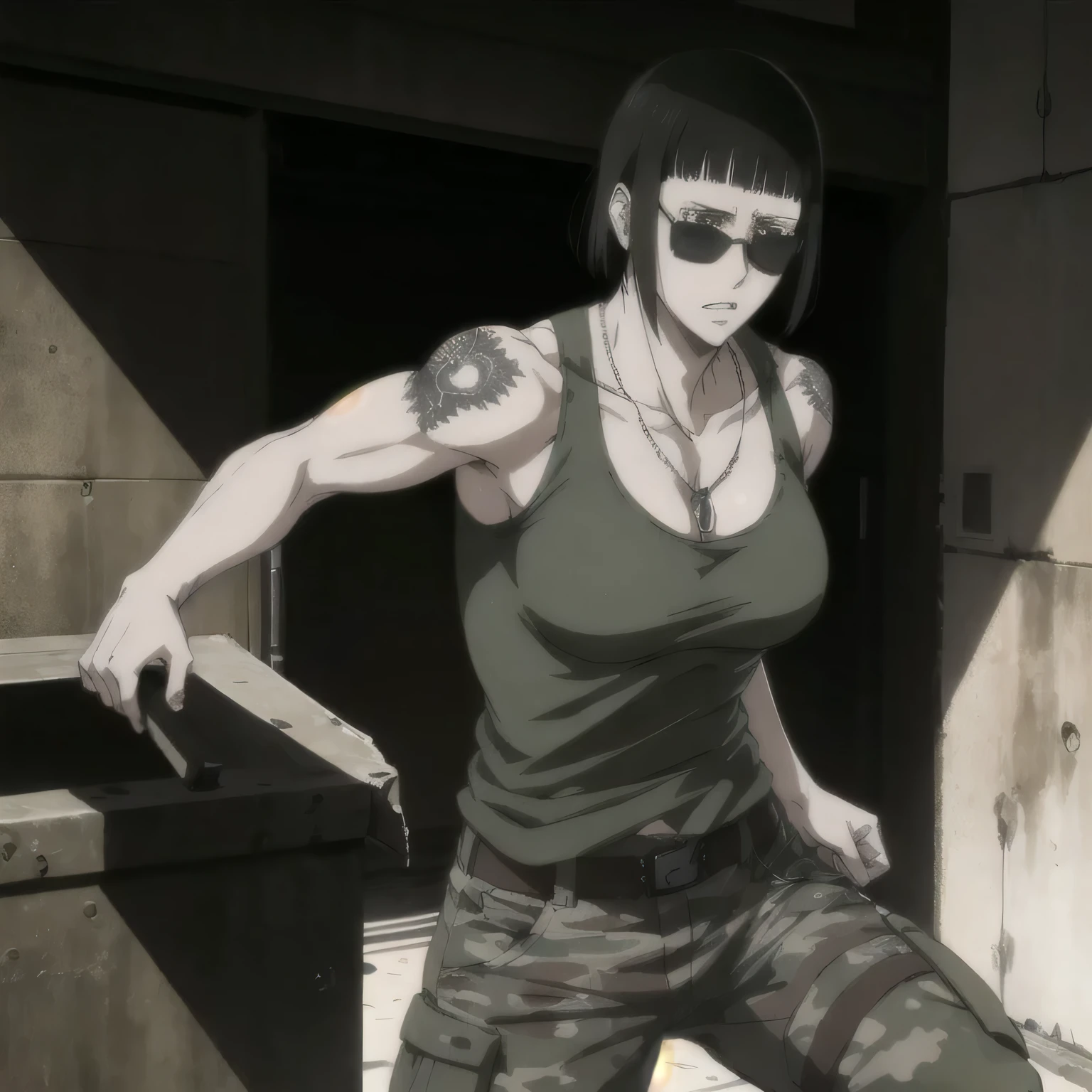 (best quality,ultra-detailed,realistic:1.37),musclaur badass girl wearing t shirt and Camouflage combat trousers, full review of the female character's face and body, intense expression, strong and confident posture, studio lighting, vivid colors, physiologically-based rendering, grungy texture, rugged background, dust particles in the air, commanding presence, professional, powerful, gritty aesthetics,,Valmet،short hair,necklace,sunglasses,have a tattoos on shoulders