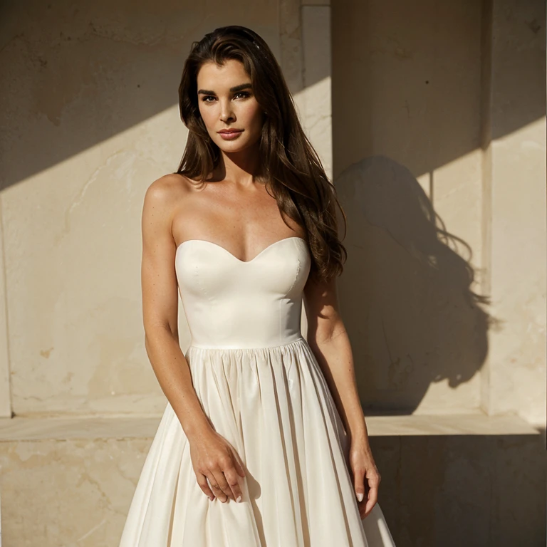 Brooke Shields in a strapless dress with a v-neckline