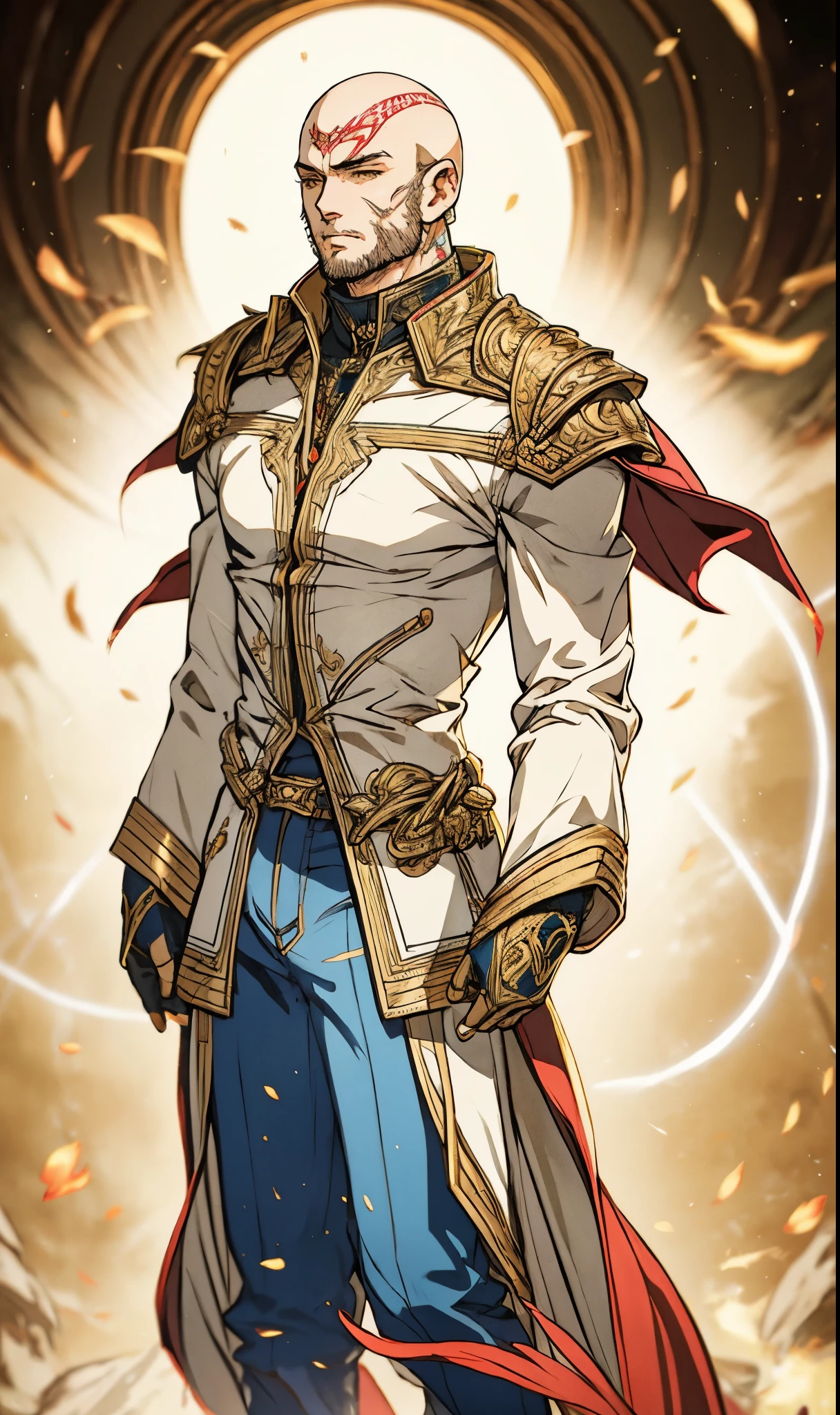 A bald man, red tattoos on his head and face, wise gaze, charismatic features, sturdy yet slender figure, a fantasy-style tight-fitting long coat, adorned with luxurious golden decorations on the collar and shoulders and waist, matching loose trousers, his palms emit a radiant glow, encircled by light and electricity, the ground to crack beneath him, this character embodies a finely crafted fantasy martial arts-style overlord in anime style, exquisite and mature manga art style, high definition, best quality, highres, ultra-detailed, ultra-fine painting, extremely delicate, professional, perfect body proportions, golden ratio, anatomically correct, symmetrical face, extremely detailed eyes and face, high quality eyes, creativity, RAW photo, UHD, 32k, Natural light, cinematic lighting, masterpiece-anatomy-perfect, masterpiece:1.5