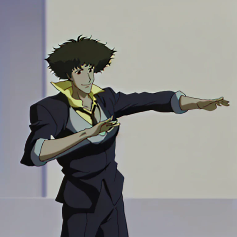 1boy, Spike Spiegel, Cowboy Bebop, brown eyes, smile, black hair, dynamic action pose, 1980s (style), spike (cowboy bebop), formal suit jacket necktie, (masterpiece, best quality, Professional, perfect composition, very aesthetic, absurdres, ultra-detailed, intricate details:1.3)