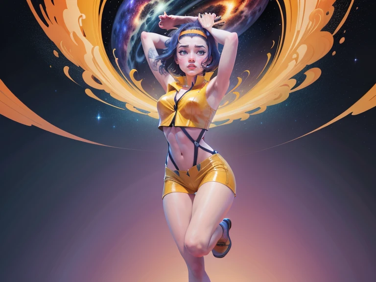 fayevalentine, yellow hairband, crop top, 1girl, incredible art, great quality, poster, vector style, portrait, galaxy space background, multi colors image, UHD wallpaper, full body, flat, eyes detail, dynamic view