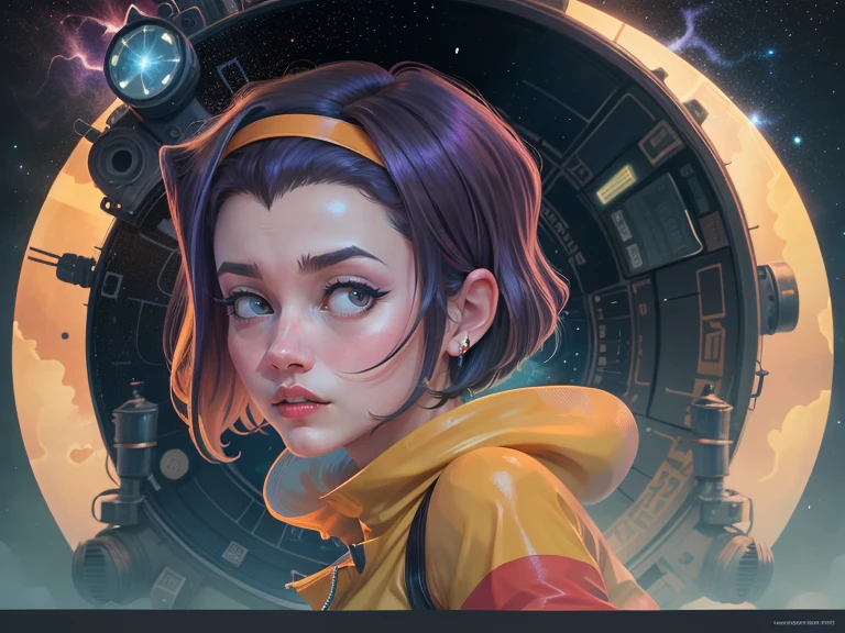 fayevalentine, yellow hairband, crop top, 1girl, incredible art, great quality, poster, vector style, portrait, galaxy space background, multi colors image, UHD wallpaper, full body, flat, eyes detail, dynamic view