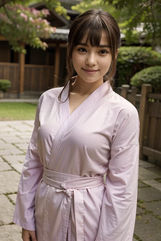 masterpiece, 1girl, 16 year old, beautiful bangs, full body image, wearing a japanese pink kimono (wrapped-front garment with square sleeves and a rectangular body, and is worn left side wrapped over right), standing, photo from phone, casual photo, beautiful eyes, beautiful facial structure, realistic, smiling, cute, Asian, wide angle shot, full body shot, 