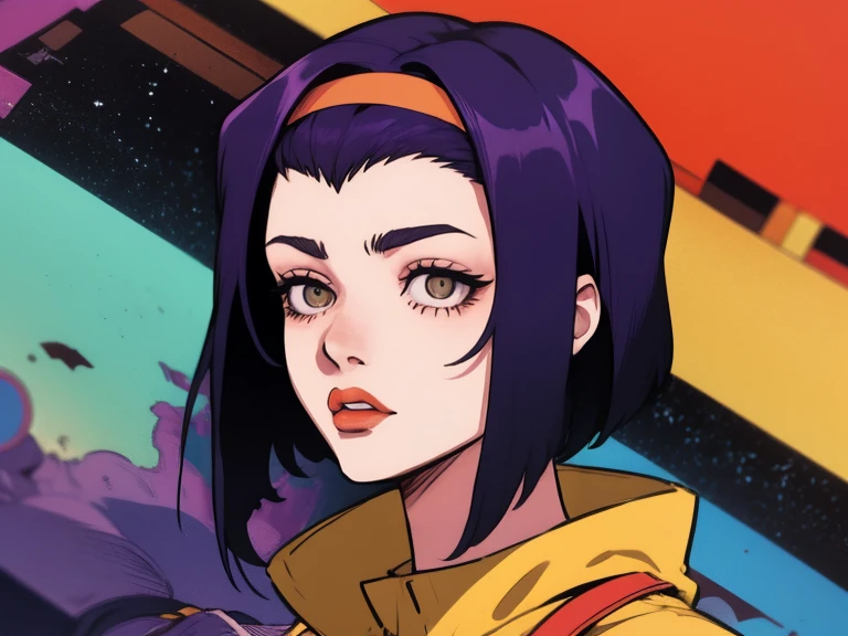 fayevalentine, yellow hairband, crop top, 1girl, incredible art, great quality, poster, vector style, portrait, galaxy space background, multi colors image, UHD wallpaper, dynamic view, flat, eyes detail, purple hair
