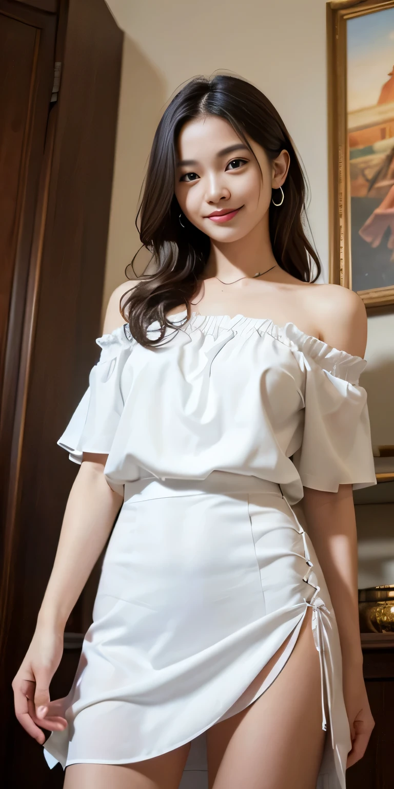 (Woman walking down the stairs:1.2、Squint your eyes and laugh)、((Wearing off-the-shoulder:1.4、Wearing a long skirt:1.5))、(View from the front、View from directly below)、(Realistic、Like a photograph、Live Action、8k, Realistic, RAW Photos, Best image quality: 1.4), Single-lens reflex camera、RAW Photos, Highest quality, Realistic, Highly detailed CG Unity 8k wallpaper, Written boundary depth, Cinematic Light, Lens flare, Ray Tracing, Realistic background、((ultra high density skin))、(whole body:1.5)、Long Hair 1.2、ponytail、Hair blowing in the wind:1.4)、I like that style、stylish、Very detailed、Pay attention to the details、Perfect outfit、(Sunburned skin)、Accurate hands、Accurate legs、Detailed hands and fingers、Anatomically correct body、Thin legs、Thin thighs、Small breasts、Very detailedな顔