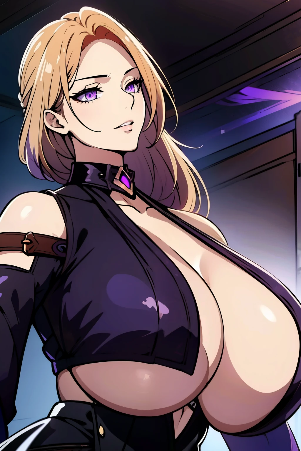 An anime-style artwork depicting acheron from the game Honkai star rail.

Tags: acheronhsr, anime, detailed eyes, detailed lips, black crop top, black turtleneck, black pencil skirt, bare shoulders, smiling expression, intense gaze, glowing emblem on hand, dynamic pose, mystical background, vibrant colors, digital art, high-resolution, professional quality, gigantic breasts, (underboob : 1.4), curvy, cowboy shot, (gigantic breasts: 1.4), (purple eyes: 1.4), (light copper blonde hair: 1.6), short hair