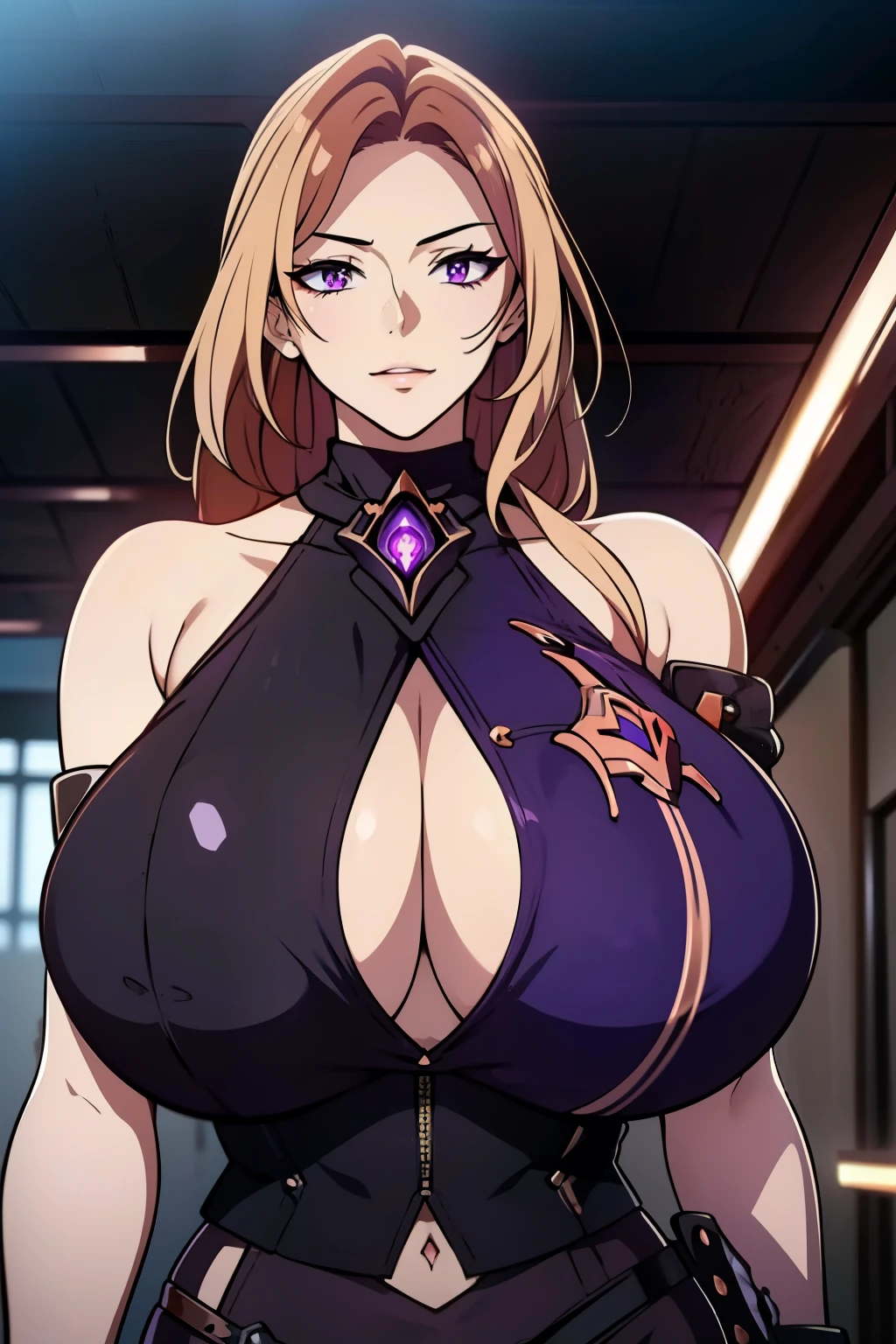 An anime-style artwork depicting acheron from the game Honkai star rail.
Tags: acheronhsr, anime, detailed eyes, detailed lips, black crop top, black turtleneck, black pencil skirt, bare shoulders, smiling expression, intense gaze, glowing emblem on hand, dynamic pose, mystical background, vibrant colors, digital art, high-resolution, professional quality, gigantic breasts, (underboob : 1.4), curvy, cowboy shot, (gigantic breasts: 1.4), (purple eyes: 1.4), (light copper blonde hair: 1.6), short hair