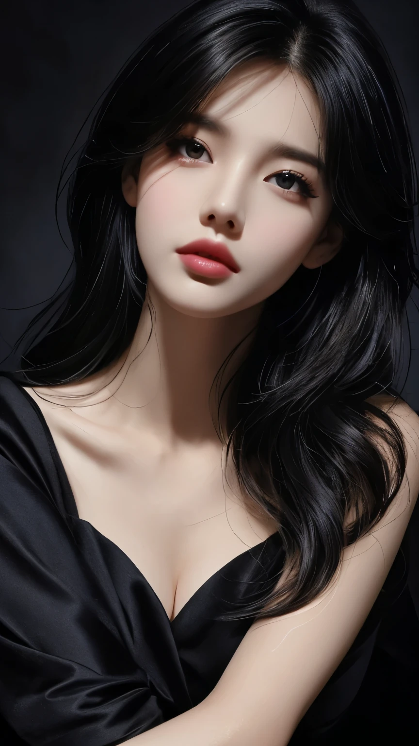 Best Quality, Masterpiece, Perfect Body Beauty, cinematic lighting, black shirt, Highly detailed face and skin texture, Detailed eyes, whitening skin, perfect face, looking at viewer, ((Dark background)), open mouse, straight Bangs, mole, make up, Exposed cleavage,