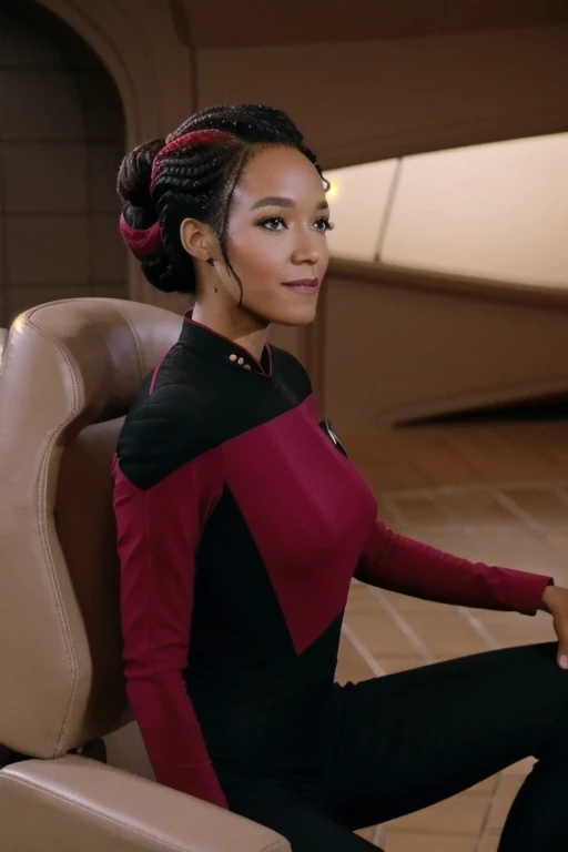 high resolution, hyper realistic, high quality, photo of tawny_newsome
big hair
wearing red sttldunf
sitting at the edge of a chair
black pants full body showing, correct anatomy, correct eyes, detailed face, pretty face, zero expressions, spacesuit, cyborg, (correct drawn face)++, (black and red two-toned hair)+, half-red half-black retro wavy hairstyle, MUF, epic scenery,correct drawn fingers, trekborg, borg, wires in head, implants, grey skin veins, metal armor, cable, eyepatch, green lighting