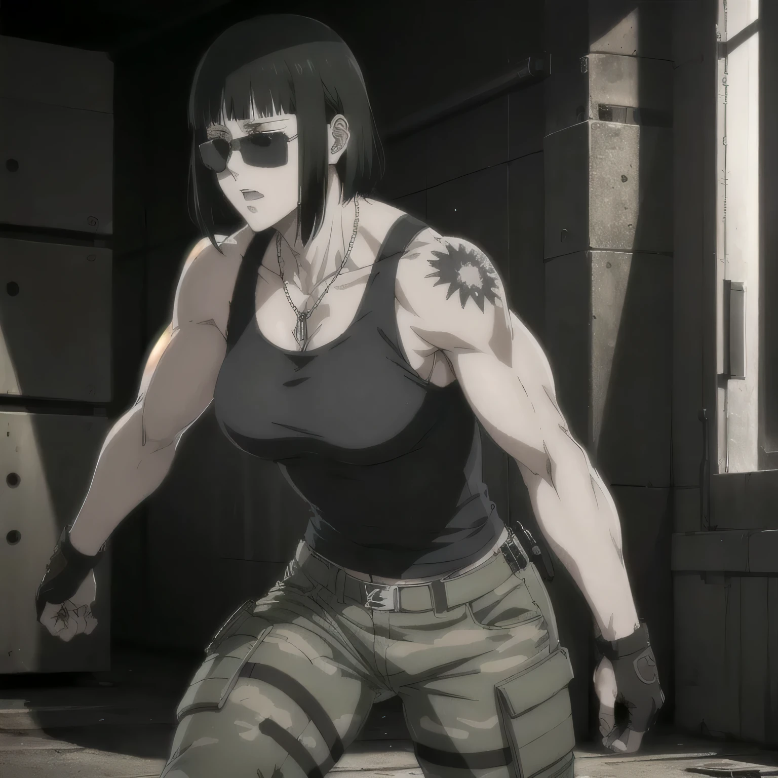 (best quality,ultra-detailed,realistic:1.37),musclaur badass girl wearing tank top and Camouflage combat trousers, full review of the female character's face and body, intense expression, strong and confident posture, studio lighting, vivid colors, physiologically-based rendering, grungy texture, rugged background, dust particles in the air, commanding presence, professional, powerful, gritty aesthetics,,Valmet،short hair,necklace,sunglasses,have a tattoos on shoulders 