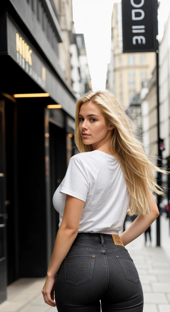 A 23 year old blonde woman, ((big breasts)), ((hyperrealism)) ,. Blonde hair with light brown roots. blonde hair, Hair with brown roots, extra long hair, very long hair, very long hair, very long hair, very long hair, very long hair, very long hair, beautiful, back view, take a photo, Photo taken, full body, in wearing a black leather jacket, white t-shirt, and jeans, showing her ass, first-rate ass, huge ass, shows her ass, with her back to the camera showing her ass, with a low-cut top, photo at the street of London, high quality, Nikon D850 film stock photograph Kodak Portra 400 camera f1.6 lens, full body, sexy body, sexy body.