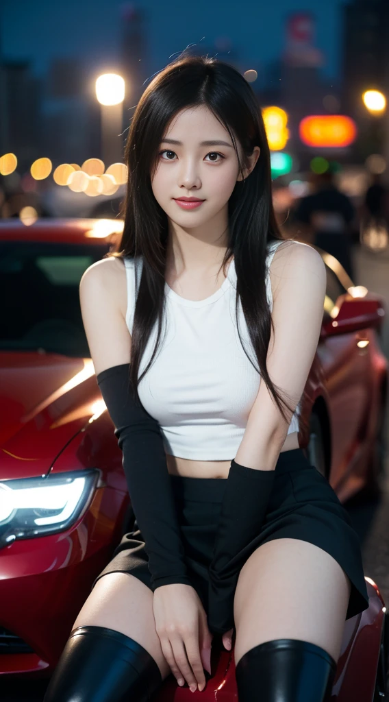 (8k, Highest quality, Masterpiece:1.2), (As a matter of fact, Virtual image:1.37), very detailed, 1 girl came in,A little cute, single, (Tifa Lockhart), (big tits),(eyesที่มีรายละเอียดสวยงาม), (smile:1.2), (You&#39;ve shut your mouth.), Erotic poses, dance, neon light, city scenery, depth of field, strong shadow, Sharp focus, race car, Motion blurred image, motorcycle, depth of field, good composition, green glow light, Final Fantasy VII, date,(nose blush), Single elbow pads、Ankle boots、have dark hair、black thighs、red boots、elbow gloves、elbow pads、fingerless gloves、The shirt is tight.、Good sport、(black skirt)、thighs thighs thighs thighs、white tank top、Whole Esbian、rest of head、lips、Kawaii Face、Long hair tied in a tie、((red_eyes))、yellow flower、(at night:1.3)、with complexity.、Bokeh、movie light、Photon mapping、Radio City、Physical rendering、(Tetsuya Nomura style)、 perfect breasts、(Open your legs to eye level..)、((Sit on the hood of a luxury car and open your legs..))、