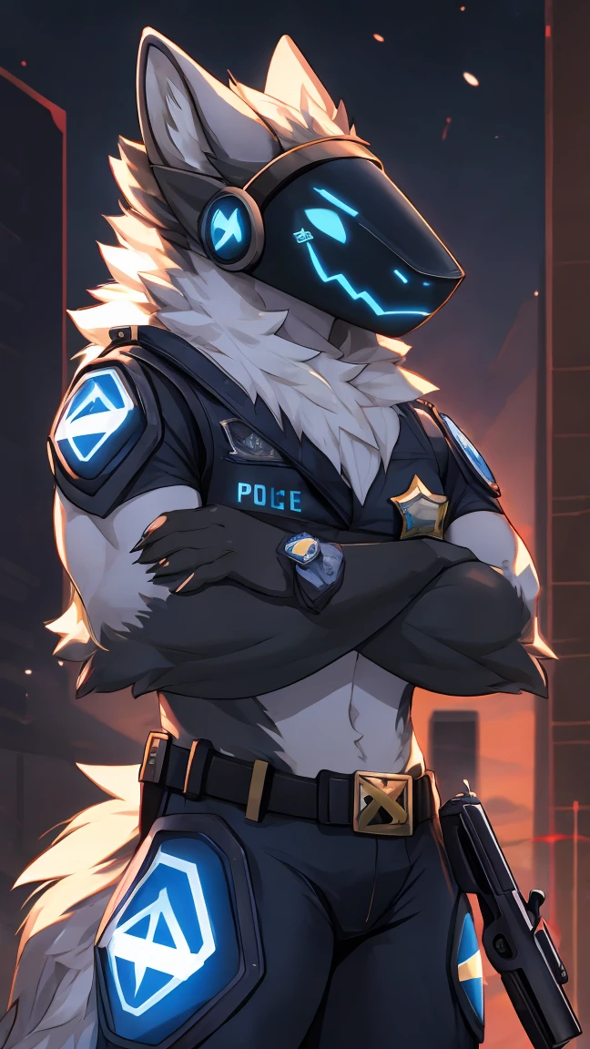 furry, protogen, police, furry police, furry sheriff, future, The Gun of the Future, gun holding pose, dark background