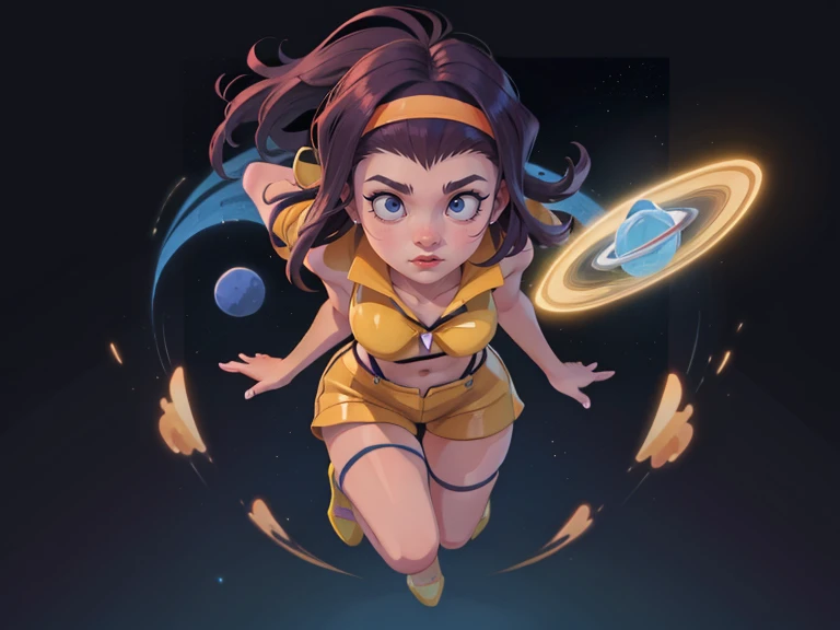 fayevalentine, yellow hairband, crop top, 1girl, incredible art, great quality, poster, vector style, portrait, galaxy space background, multi colors image, UHD wallpaper, full body, flat, eyes detail, dynamic view, wide poster