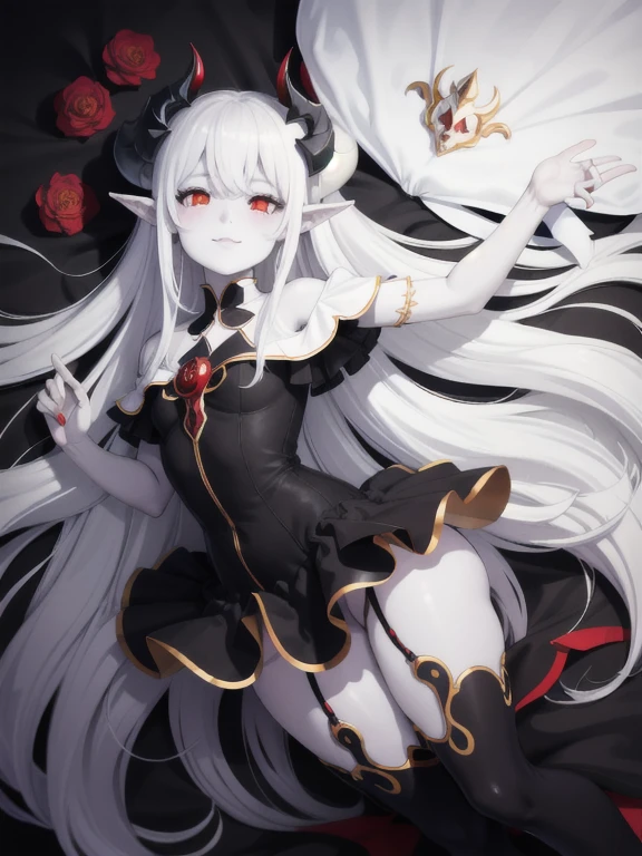 el demonio, alas, cola, sonrisa ligera, piel coloreada, Bata de noche, vestido blanco, black sclera, adentro, cama, on cama, Piel brillante, (piel blanca:1.6), (pelo blanco:1.2),