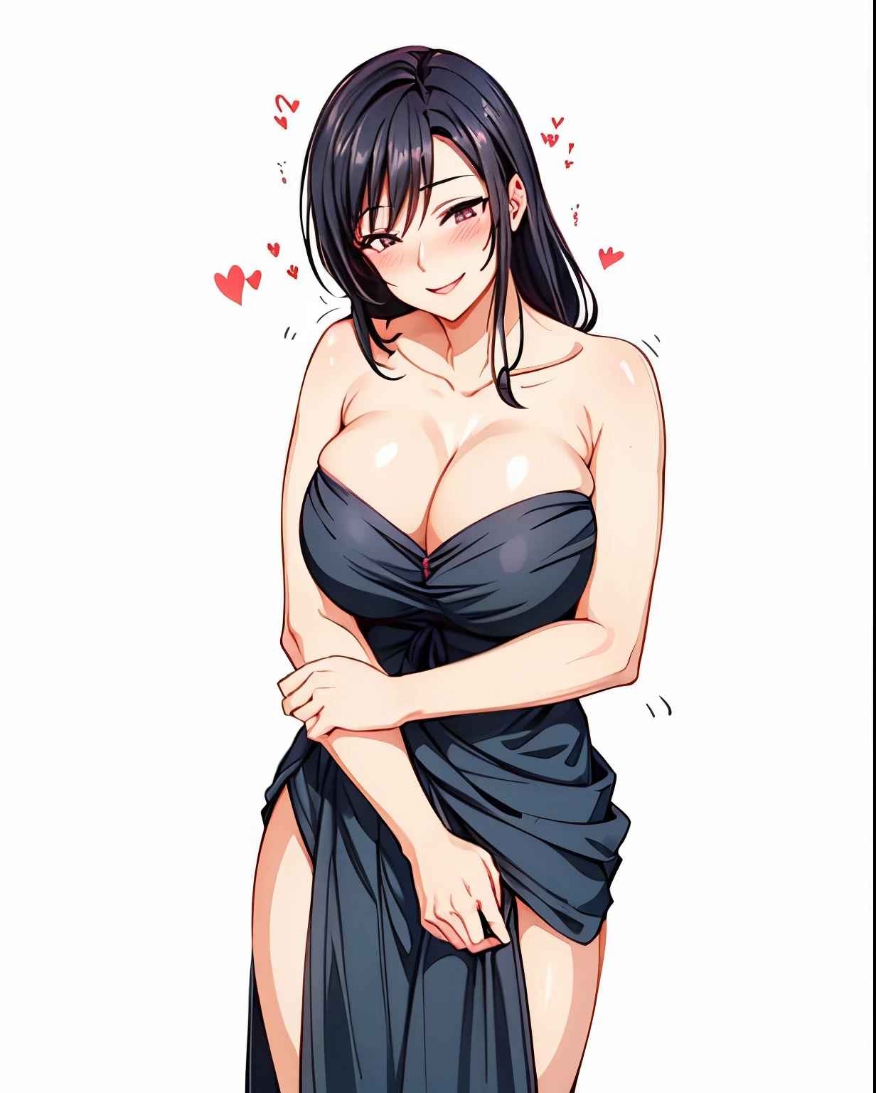 1 milf, long black hair, very big breasts, smiling lewdly, blushing