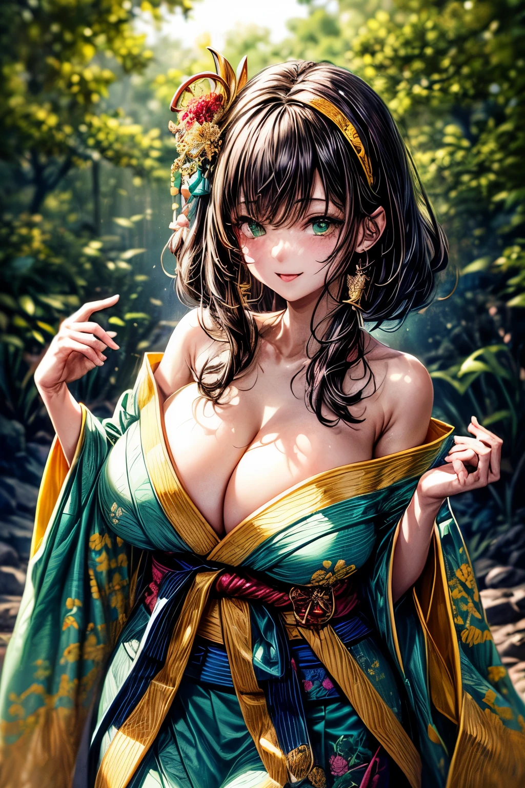 ((worst quality, low-quality)), ((a closeup)), (girl with:1.2), (Big breasts), (A dark-haired, short-cut:1.3), (Dynamic Pose:1.2),plump shiny lips, Beautiful clear eyes, (The best smile), Spoken Heart, (perfect hand:1.2), (green theme:1.4), (Japanese courtesan girl with:1.3), (Comes with maxi length green kimono [yellow] Obi:1.4), (Highly detailed and colorful embroidery and fancy patterns:1.3), (off shoulders:1.4), (geta:1.2), (Fancy hair ornaments:1.3), ((super huge ribbon:1.2) in front of the waist:1.3), low angle shot, (Bewitching light, rays of moonlight:1.4), (Background of the deep green forest:1.2), masutepiece,Best Quality,ultra-detailliert, ​masterpiece,