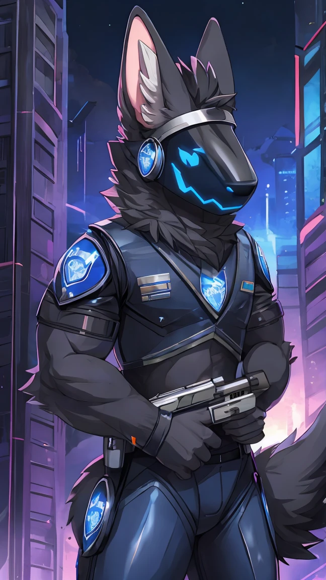 furry, protogen, police, furry police, furry sheriff, future, The Gun of the Future, gun holding pose, dark background