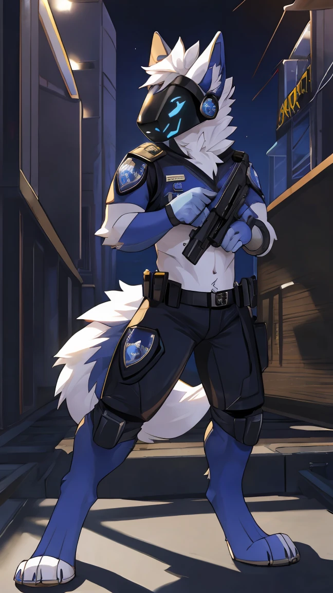 furry, protogen, police, furry police, furry sheriff, future, The Gun of the Future, gun holding pose, dark background