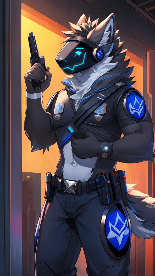 furry, protogen, police, furry police, furry sheriff, future, The Gun of the Future, gun holding pose, dark background
