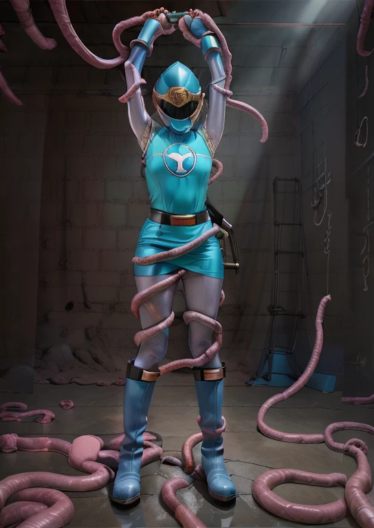 (best quality, masterpiece, RAW photo,ultra-detailed:1.2), 1girl, solo, looking at viewer, ((Hurricane Blue outfit, belt, gloves, helmet, blue spandex vest, blue boots, blue skirt, gray leggings, white gloves)), very large melon sized breasts, (((spread legs:1.1))), ((tentacles:1)), nsfw, raised arms, tentacles wrap around arms and legs, tentacles pressing on her crotch, tentacles squeezing her massive melon size breasts, dark room, eerie light, close up, industrial background, upper half body, creampie, wet