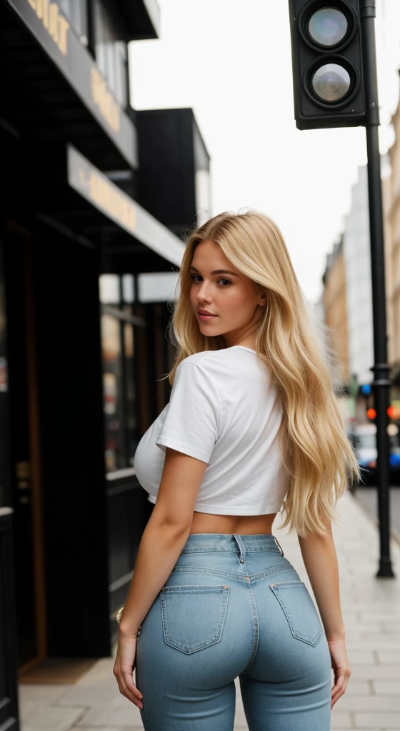 A 23 year old blonde woman, ((big breasts)), ((hyperrealism)) ,. Blonde hair with light brown roots. blonde hair, Hair with brown roots, extra long hair, very long hair, very long hair, very long hair, very long hair, very long hair, very long hair, beautiful, back view, take a photo, Photo taken, full body, in wearing a black leather jacket, white t-shirt, and jeans, showing her ass, first-rate ass, huge ass, shows her ass, with her back to the camera showing her ass, with a low-cut top, photo at the street of London, high quality, Nikon D850 film stock photograph Kodak Portra 400 camera f1.6 lens, full body, sexy body, sexy body.