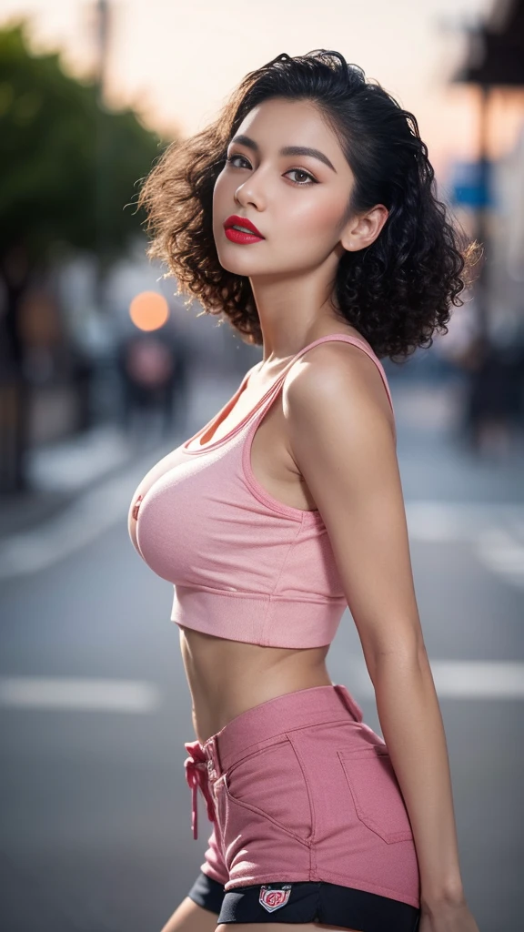 (masterpiece),((natural, soft lighting during the night)), 33 yo, brazillian fashion supermodel,((best high quality real texture skin)),(Highly quality texture hair),((curly hair(slicked to the side)Intricately detailed:1.44)),(perfect proportions),(anatomically correct),((perfect female body)),((firm normal full breasts:1.2)),slim face,beautiful cheekbones,((long legs)),(swell-muscled body),(Super beautiful face),(realistic face),(highly detailed face),absurd,(Intricately detailed eyes),(tired and sleepy and satisfied:0.0),a woman's eye with a digital rendering,realistic eyes,perfect round eyes,finely detailed pupils,BREAK(brown_eyes),detailed lips,((red_lipstick)),(pink_makeup:1.33),(Detailed nose),full bodyesbian,dark shot:1.2,((Intricately detailed crop top shirt:1.18)),((highly detailed short cotton shorts:1.35)),dynamic pose),(((side view))),look at the viewer,(Erotic,dynamic pose:1.4),On the night club