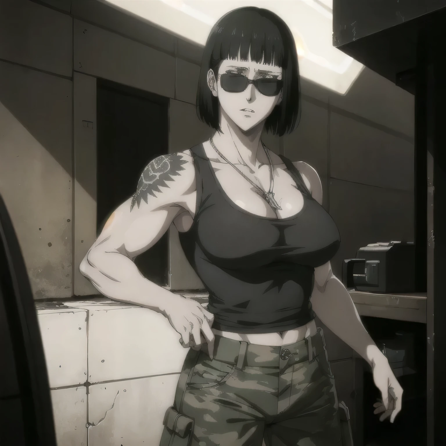 (best quality,ultra-detailed,realistic:1.37),musclaur badass girl wearing tank top and Camouflage combat trousers, full review of the female character's face and body, intense expression, strong and confident posture, studio lighting, vivid colors, physiologically-based rendering, grungy texture, rugged background, dust particles in the air, commanding presence, professional, powerful, gritty aesthetics,,Valmet،short hair,necklace,sunglasses,have a tattoos on shoulders