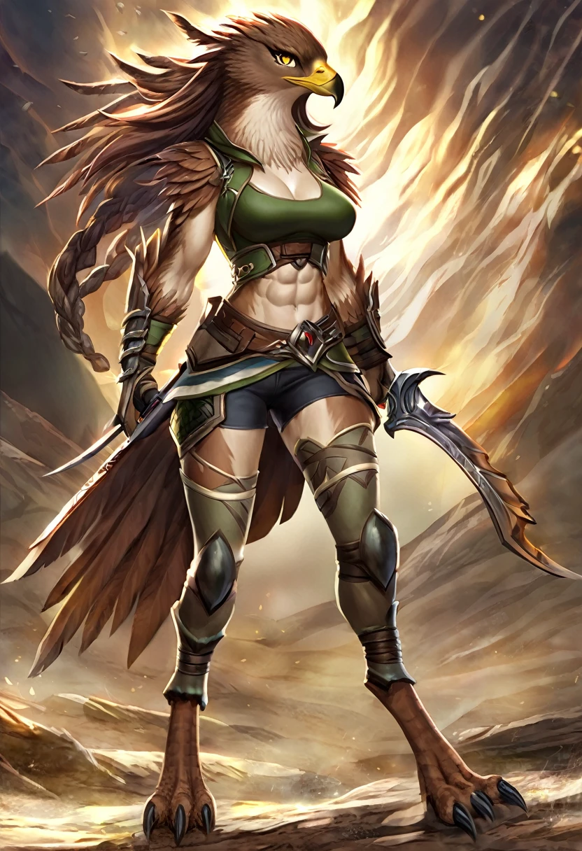 Jrpg Game artwork, refined art, masterpiece, ((solo)), anthro, female eagle, expressive, good anatomy, attractive, ranger, hunter, jrpg design, standing, brown feathers, light brown hair, yellow eyes, abs, midriff, full body, digitigrade, shorts, talons,