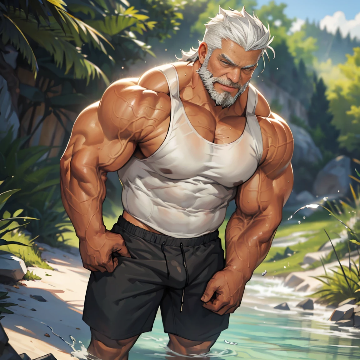 (best quality,photo-realistic:1.37),caucasian,elderly man,white beard,white hair,frontal view,full body,well-built, muscular daddy,hairy daddy,standing in the distance,on a grassy field during the day,upper body wearing a half-rolled-up white tank top,lower body wearing underwear,expressionless,alone,blushing face,sealed lips,drenched with water all over the body,clothes and underwear semi-transparent due to water,sexy,revealing physique,no explicit content,no blocked content,realistic，No NSFW，sfw，sexy but not Too pornographic ，hot but not too sexy，no Content that causes blocking，Completely healthy, No pornography, No aggressive content，Completely sfw，No nsfw content，safe for work