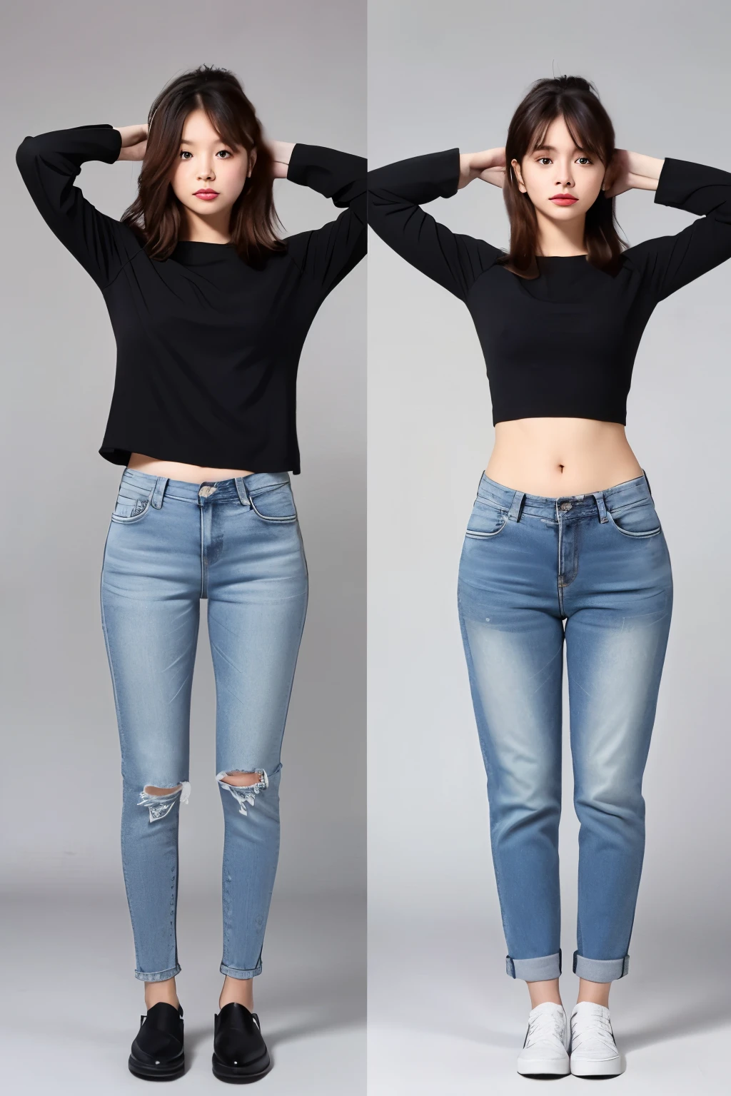 A woman is standing with her legs apart。A woman wearing jeans has her legs apart, her hands behind her head and her elbows to the sides、show me your side、Spread your legs、Stand with your knees slightly bent。
