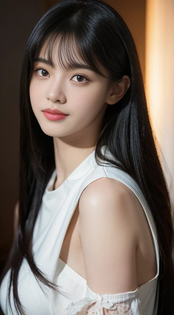 (ultra realistic), (illustration), (increased resolution), (8k), (very detailed), (Best illustration), (Beautiful and detailed eyes), (best quality), (very detailed), (Masterpiece ), ( Wallpaper), (detailed face), alone, 1 woman, looking at the audience, Nice details, detailed face, in the dark, deep shadow, low voice, Pure Rose Face_V1, smile, long hair, black shawl, straight hair , Oblique bangs 46 points
