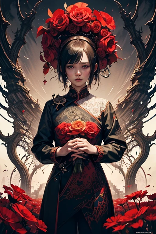official art, unity 8k wallpaper, ultra detailed, beautiful and aesthetic, masterpiece, best quality, (zentangle, mandala, tangle, entangle), (fractal art:1.3) , 1girl, red flowers, extremely detailed, dynamic angle, cowboyshot, the most beautiful form of chaos, elegant, a brutalist designed, vivid colours, romanticism, by james jean, roby dwi antono, ross tran, francis bacon, michal mraz, adrian ghenie, petra cortright, gerhard richter, takato yamamoto, ashley wood, atmospheric,