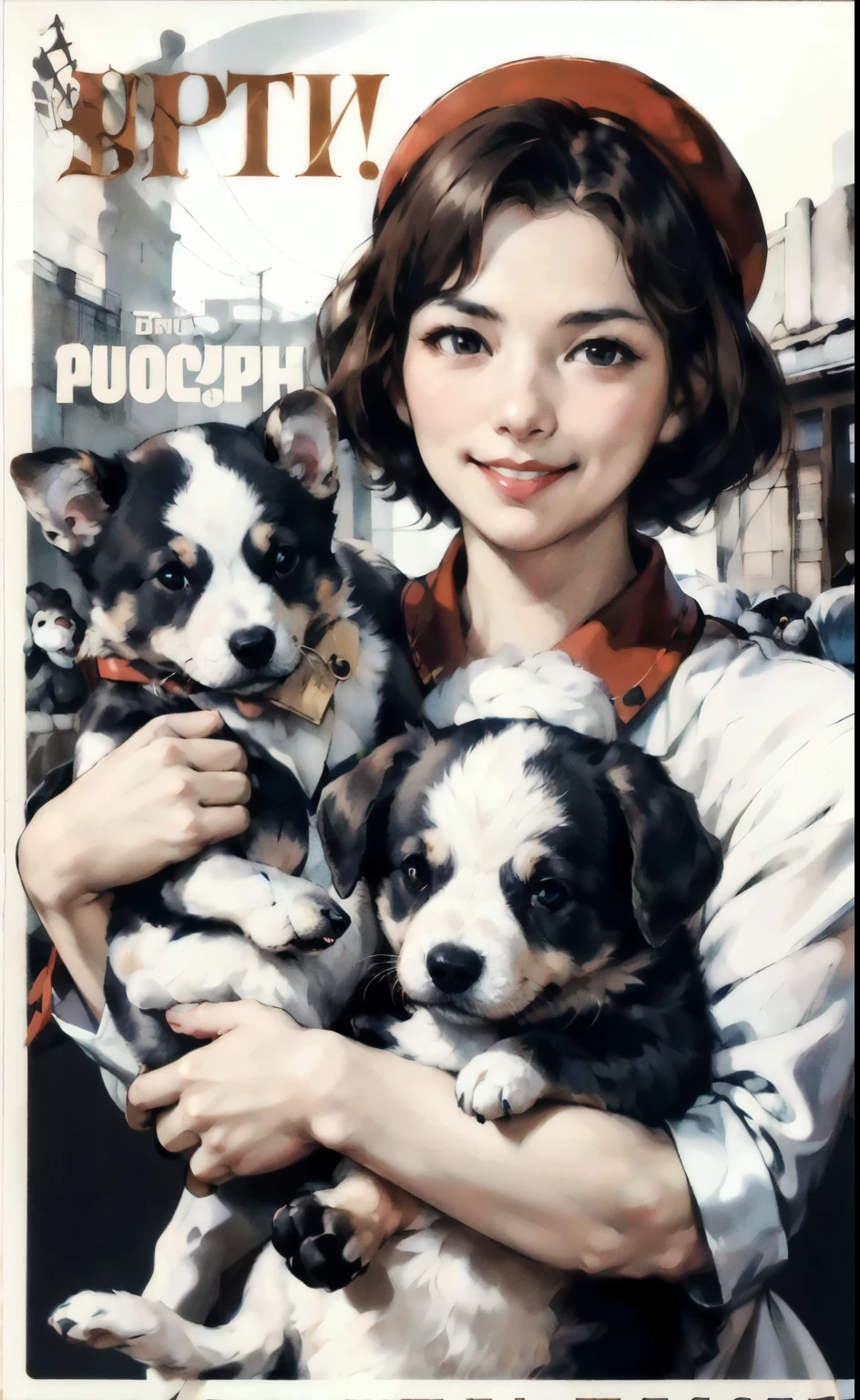 (best quality:1.2), woman with puppy, smile, looking at camera, soviet union, poster, 