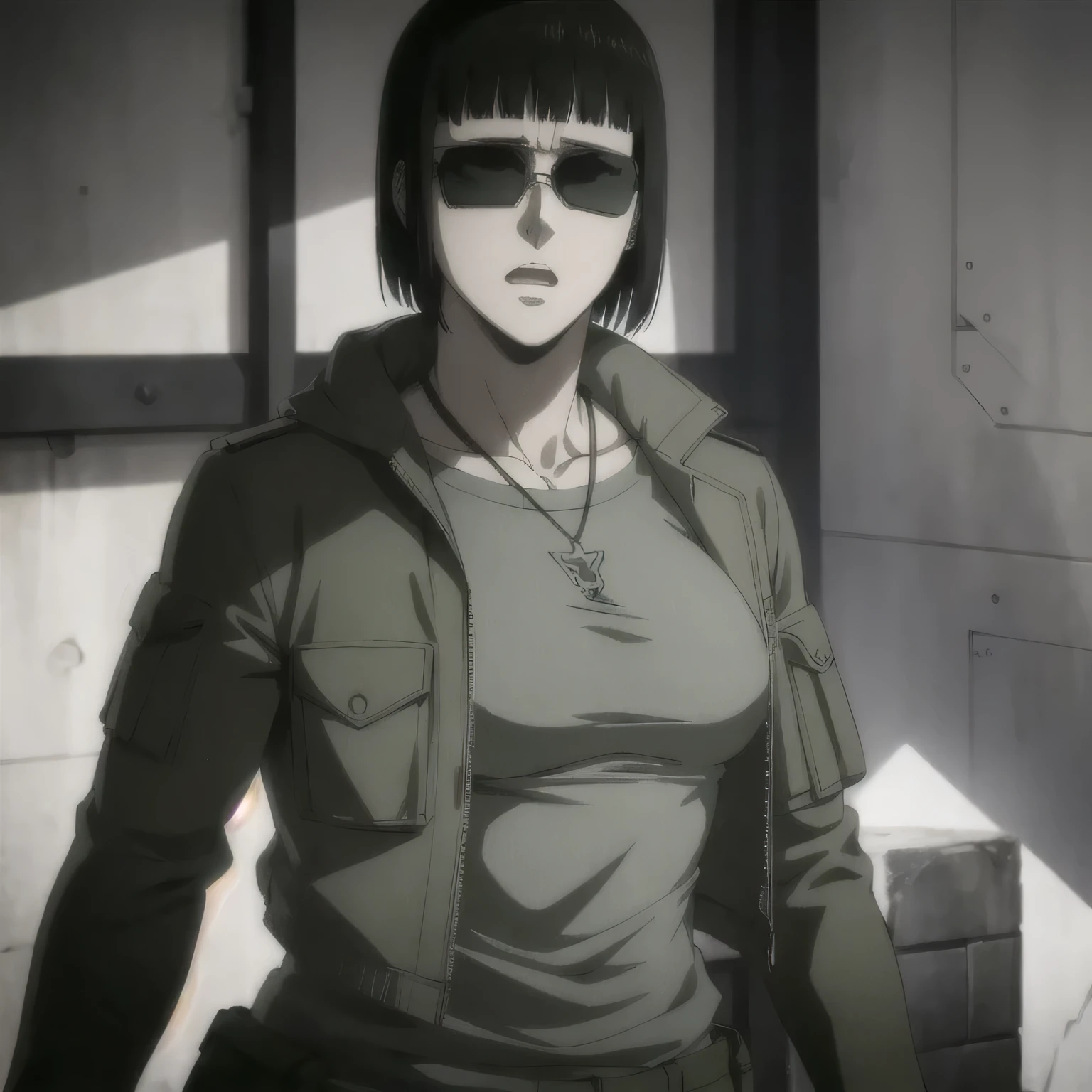(best quality,ultra-detailed,realistic:1.37),musclaur badass girl wearing long Winter jacket and undershirt and Camouflage combat trousers, full review of the female character's face and body, intense expression, strong and confident posture, studio lighting, vivid colors, physiologically-based rendering, grungy texture, rugged background, dust particles in the air, commanding presence, professional, powerful, gritty aesthetics,,Valmet،short hair,necklace,sunglasses,
