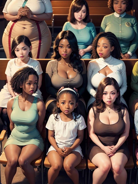 Perfect body, support group of young single moms from the city, masterpiece,, different ethnicities, different ages (18-45), all wearing different modest church outfits, big huge , small waists, round asses, perfect beautiful faces, big sad eyes, sobbing, full lips. Sitting in a circle at a church basement