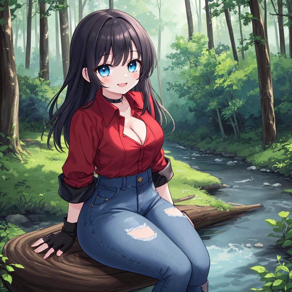 A Cute Girl, sitting on an old log, in a dense Forest, with a small river in the background. She has Long Brunette hair, Beautiful Blue eyes, Super wide hips, mildly muscular, fairly short, and is (Extremely Absurdly Busty). She is wearing: a worn Black Leather Jacket, a (Low-ish Cleavage, Red Shirt), (heavily worn, Dark-Blue Jeans), Dark-Grey Boots, and Black fingerless Gloves. ((Masterpiece)), (Best Quality), (Best Resolution), (Perfect Lighting), (Perfect Shading), (Perfectly Detailed), (Solo), slightly happy expression, with a cute little smile,